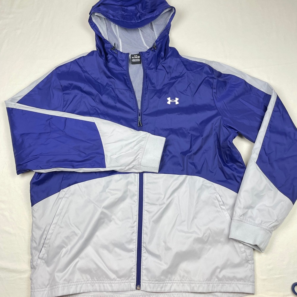 Under Armour Storm Mens XL Blue Grey Colorblock Hooded Windbreaker Jacket Zip Up